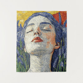 Serene Woman Lavender Field Sunset Textured Art Wandteppich