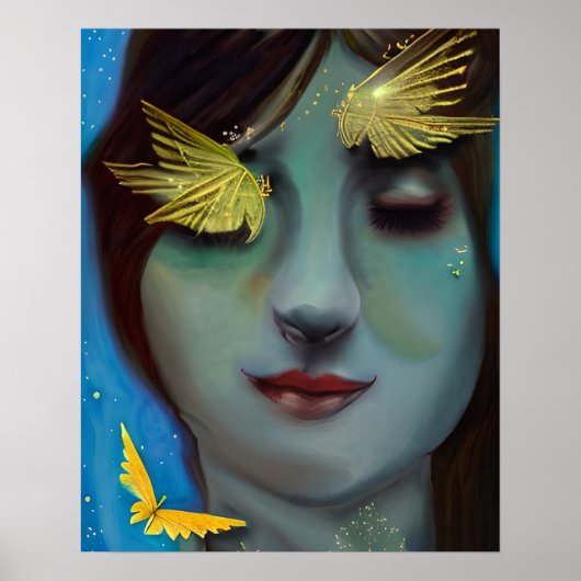 Serene Woman mit Gold Fairylike Butterflies Poster (Vorne)