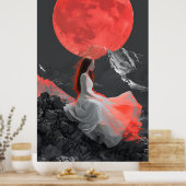 Serene Woman on Cliff under Red Moon Digital Art Poster (Küche)