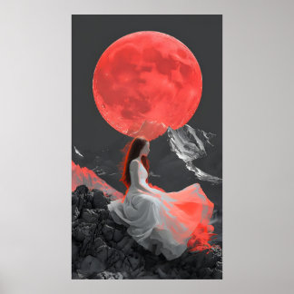 Serene Woman on Cliff under Red Moon Digital Art Poster