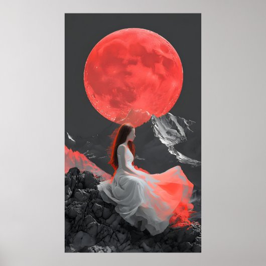 Serene Woman on Cliff under Red Moon Digital Art Poster (Vorne)