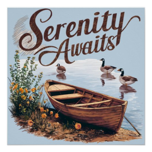Serener Seeboot mit Gänsen und Wildblumen Poster (Vorderseite)