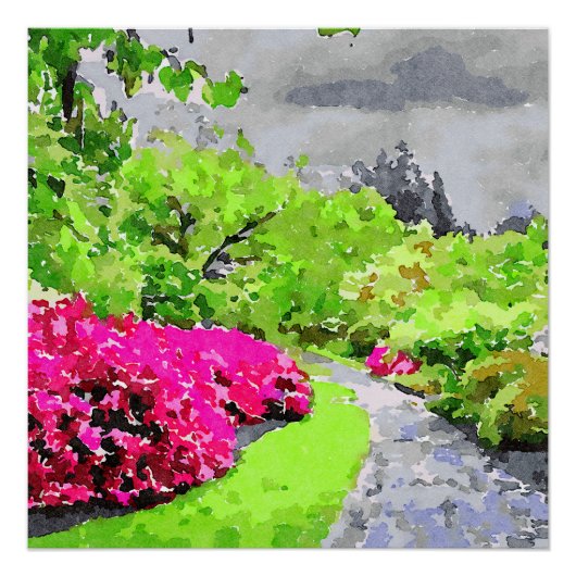 Serengegartenweg mit lebhaften rosa Blume Poster (Vorderseite)