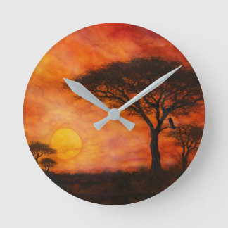Serengeti-Savanne-Sonnenuntergang-Tinte-Kunst Runde Wanduhr