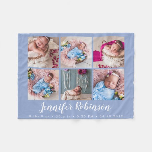Serenity Blue Mit Monogramm Birth Stat FotoCollage Fleecedecke (Vorderseite (Horizontal))