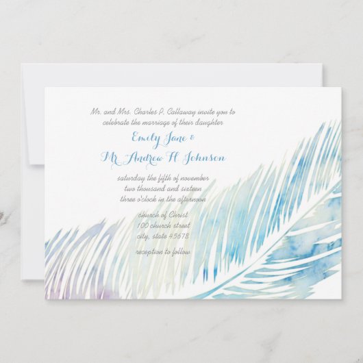 Serenity Blue und Lila Wasserfarbenwelt Feaather Einladung (Vorderseite)