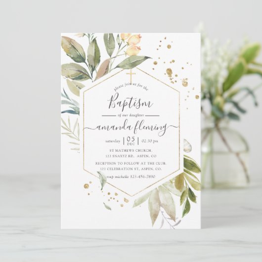 Serenity Greenery Geometric Baptisc Einladung (Stehend Vorderseite)