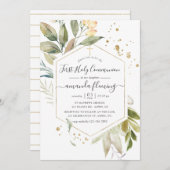 Serenity Greenery Geometric First Heilige Kommunio Einladung (Vorne/Hinten)