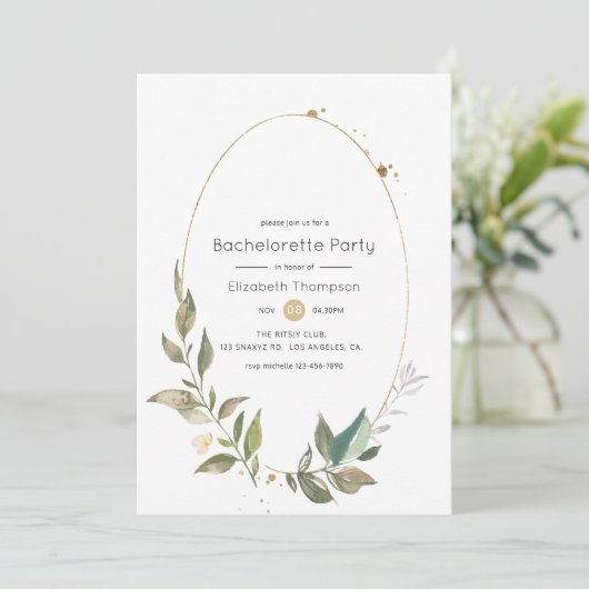 Serenity Greenery Geometric Gold Bachelorette Einladung (Stehend Vorderseite)