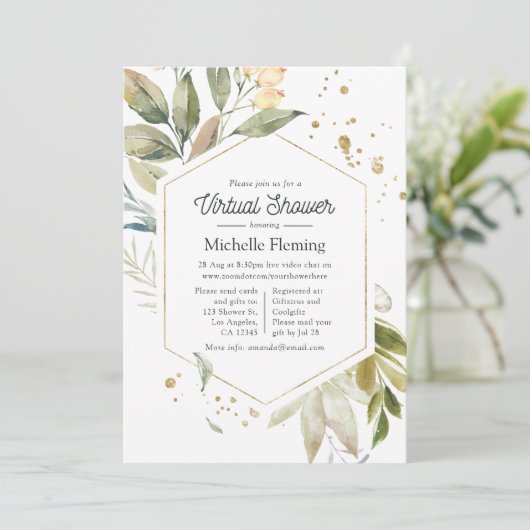 Serenity Greenery Geometric Virtual Baby Shower Einladung (Stehend Vorderseite)