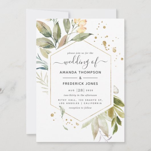 Serenity Greenery Geometric Wedding Einladung (Vorderseite)