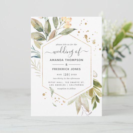 Serenity Greenery Geometric Wedding Einladung (Stehend Vorderseite)