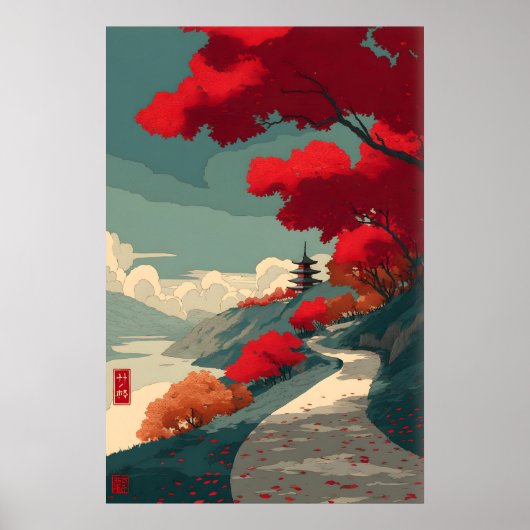Serenity in Red Wandkunst - Herbstweg mit Pagode Poster (Vorne)