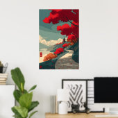Serenity in Red Wandkunst - Herbstweg mit Pagode Poster (Heimbüro)