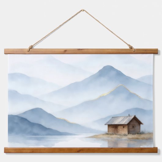 Serenity Peaks — Gold Mountain Landscape Tapestry Wandteppich Mit Holzrahmen (Vorne)