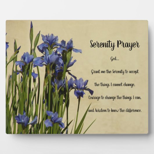 Serenity Prayer Blue Irises Floral Fotoplatte (Vorderseite)