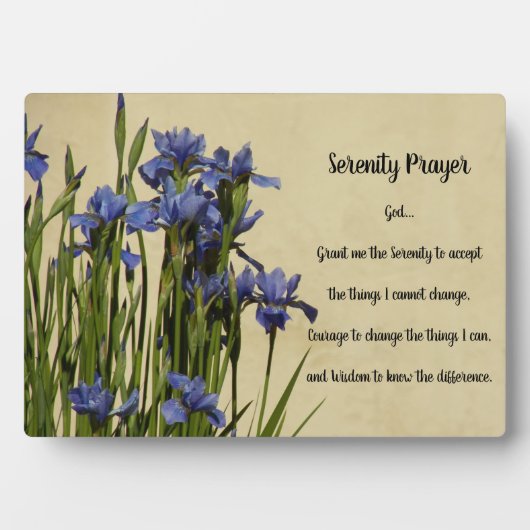 Serenity Prayer Blue Irises Floral Fotoplatte (Vorderseite)