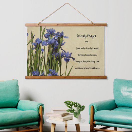 Serenity Prayer Blue Irises Floral Wandteppich Mit Holzrahmen (Wohnzimmer)