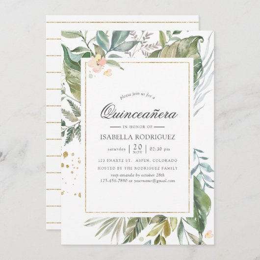 Serenity Watercolor Greenery Geometric Quinceañera Einladung (Vorne/Hinten)