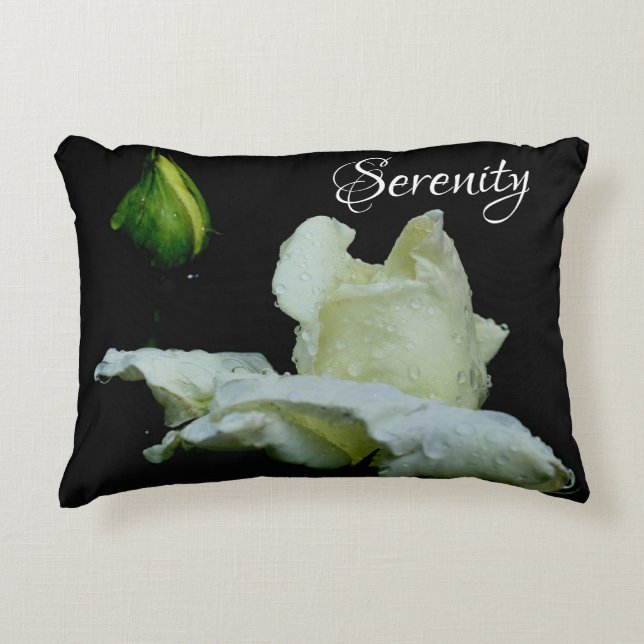 Serenity White Rosenknospe Inspirational Words Dekokissen (Vorderseite)