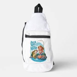 Serenitys Fang: Girl Fishing on a Rock Crossbody Bag