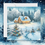 Serenlogkabine im Winterwald Karte<br><div class="desc">Personalisierte Weihnachtskarte. Hübsche festliche Blockhütte mit Weihnachtsbeleuchtung und schönem schneebedeckten Baumbestand.</div>