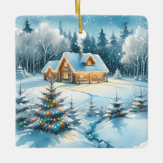 Serenlogkabine im Winterwald Keramikornament (Vorderseite)
