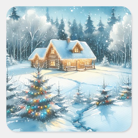 Serenlogkabine im Winterwald Quadratischer Aufkleber (Vorderseite)
