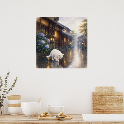 series_2_9|Square Puddle Reflection White Cat Art Poster (Küche)