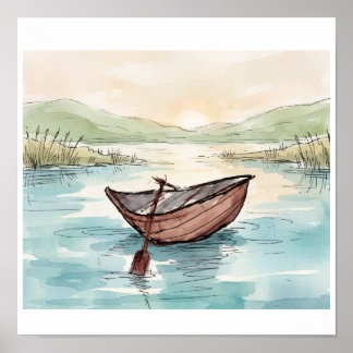 Seriöse Aquarell-Holzwasserboot-Seelandschaft Poster