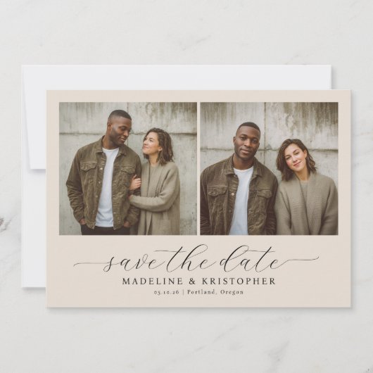 Seriöse Beige-Minimalist-Foto-Collage Save The Date (Vorderseite)
