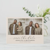 Seriöse Beige-Minimalist-Foto-Collage Save The Date (Stehend Vorderseite)