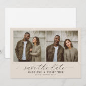 Seriöse Beige-Minimalist-Foto-Collage Save The Date (Vorne/Hinten)