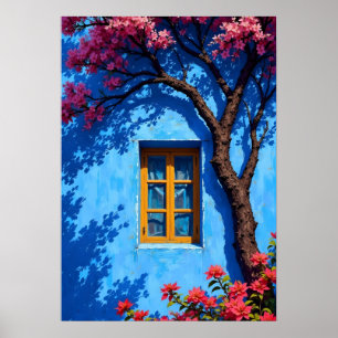 Seriöse Blaue Mittelmeer-Fenster & Kirschblüten Poster