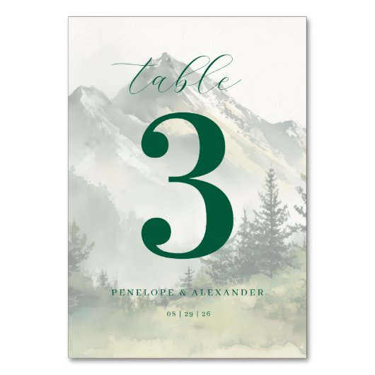 Seriöse grüne Aquarell-Gebirgslandschaft Tischnummer (Vorderseite)