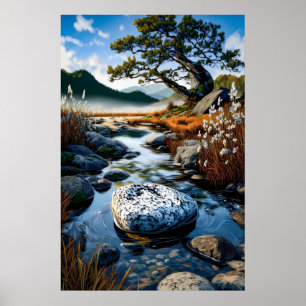 Seriöser Gebirgsbach mit Kiefern-Naturkunst Poster
