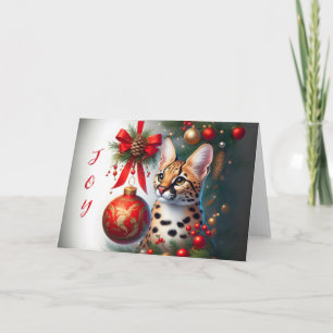 Serval Cat neben Red Ornament Weihnachtskarte Feiertagskarte