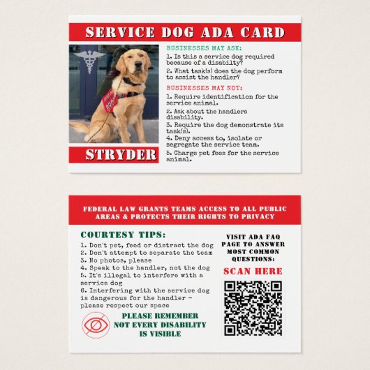Service Dog ADA Law Cards Red Foto ID Abzeichen (Vorne & Hinten)