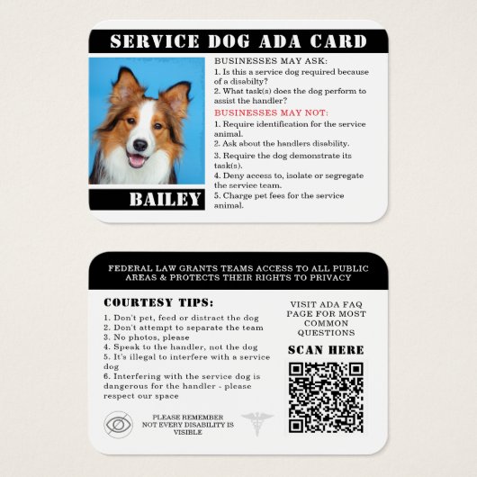 Service Dog Card Foto ID Abzeichen Etiquette ADA (Vorne & Hinten)