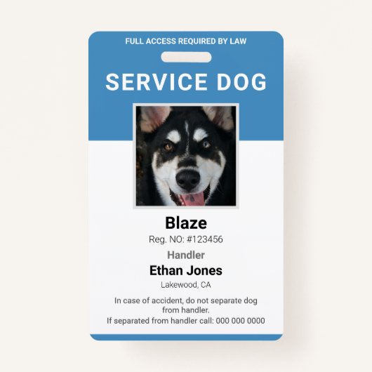 Service Dog Foto Blue Abzeichen Ausweis (Vorderseite)