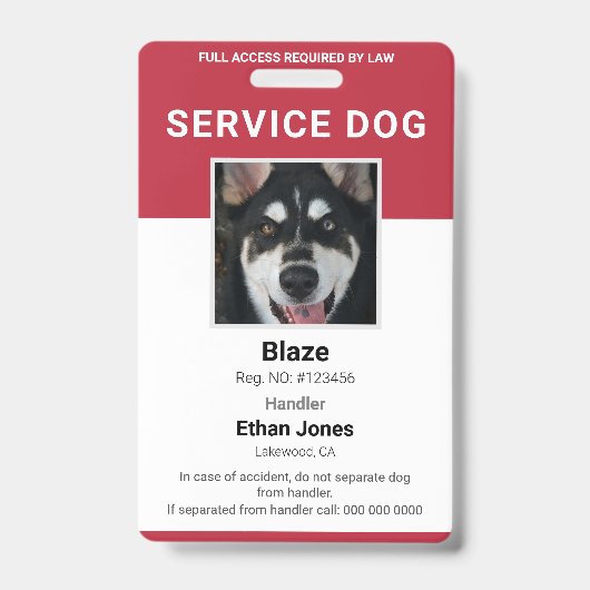 Service Dog Foto Red Ausweis (Vorderseite)