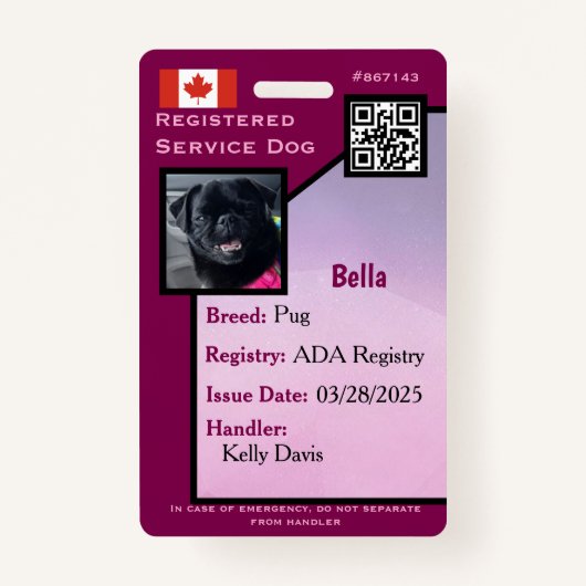 Service Dog ID Card lila vertikales Abzeichen Ausweis (Vorderseite)