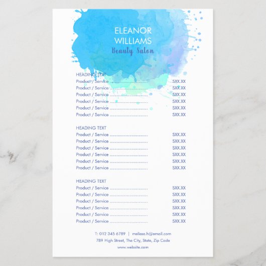Service-Menü "Blue Watercolor Splash Salon" Flyer (Vorne)