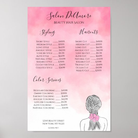 Service Menu Girl mit Braid Pink Wasserfarbe Poster (Vorne)