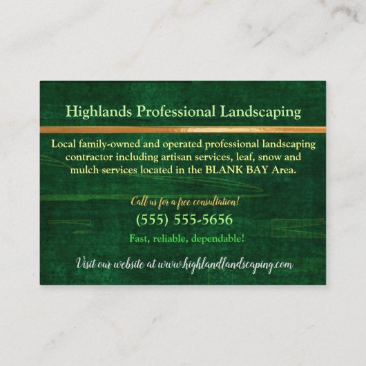 SERVICE VON Highlands 1 Celtic LANDSCAPING TREM Visitenkarte (Rückseite)