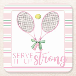 "Serviere es stark" Pinker Tennis-Schläger Rechteckiger Pappuntersetzer