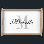 Serviertablette für Hochzeiten mit personalisierte Serviertablett<br><div class="desc">Personalisiertes elegantes Monogramm Serviertablett. Niedliche mit Monogramm Hochzeitsfeier zu Gunsten der Geschenkidee für Braut und Bräutigam, Gäste, Brautmädchen etc. Extravaganter Anfangsbuchstabe und stilvolle Schriftzeichen. Schwarz und Weiß. Spaß für Ehe, Brautparty, Verlobung, Jubiläum, Hauswärmung etc. Fügen Sie Ihr eigenes Serviertablett mit Familiennamen, Vornamen, Nachnamen usw. hinzu. Erhältlich in klein und groß....</div>