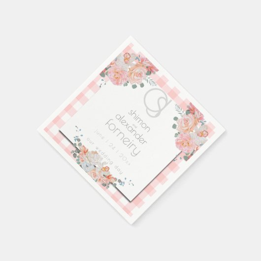 Serviette | Floral Monogram Coral Gingham (Ecke)