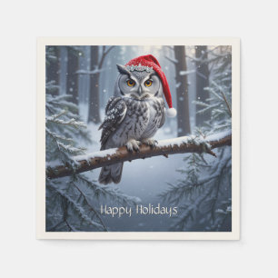 Servietten mit Eule und Weihnachtsmannmütze