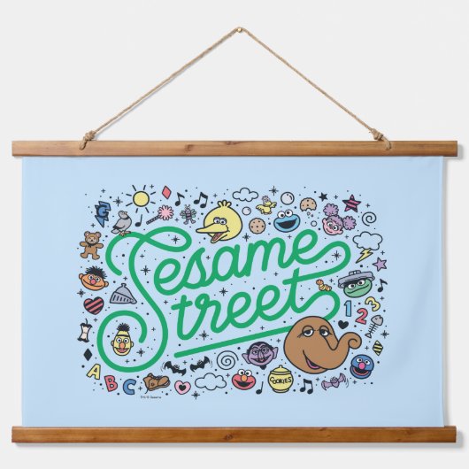 Sesame Sesame | Sesame Street Green Doodle Script Wandteppich Mit Holzrahmen (Vorne)
